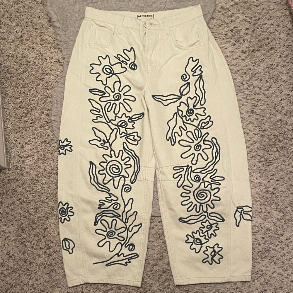 We the Free Embroidered Floral Cream Barrel Jeans with Blue Detailing